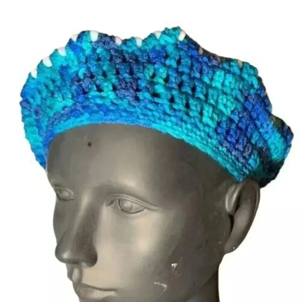 Beaded Beret Hat Women Size Adult Multicolor Blue White Crochet Warm Embellished